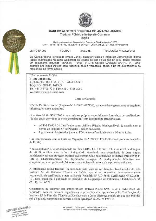 Primeira página da carta de garantia P-Life