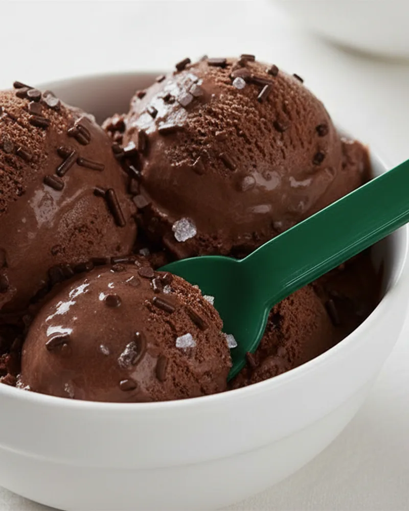 Colher verde em pote de sorvete de chocolate